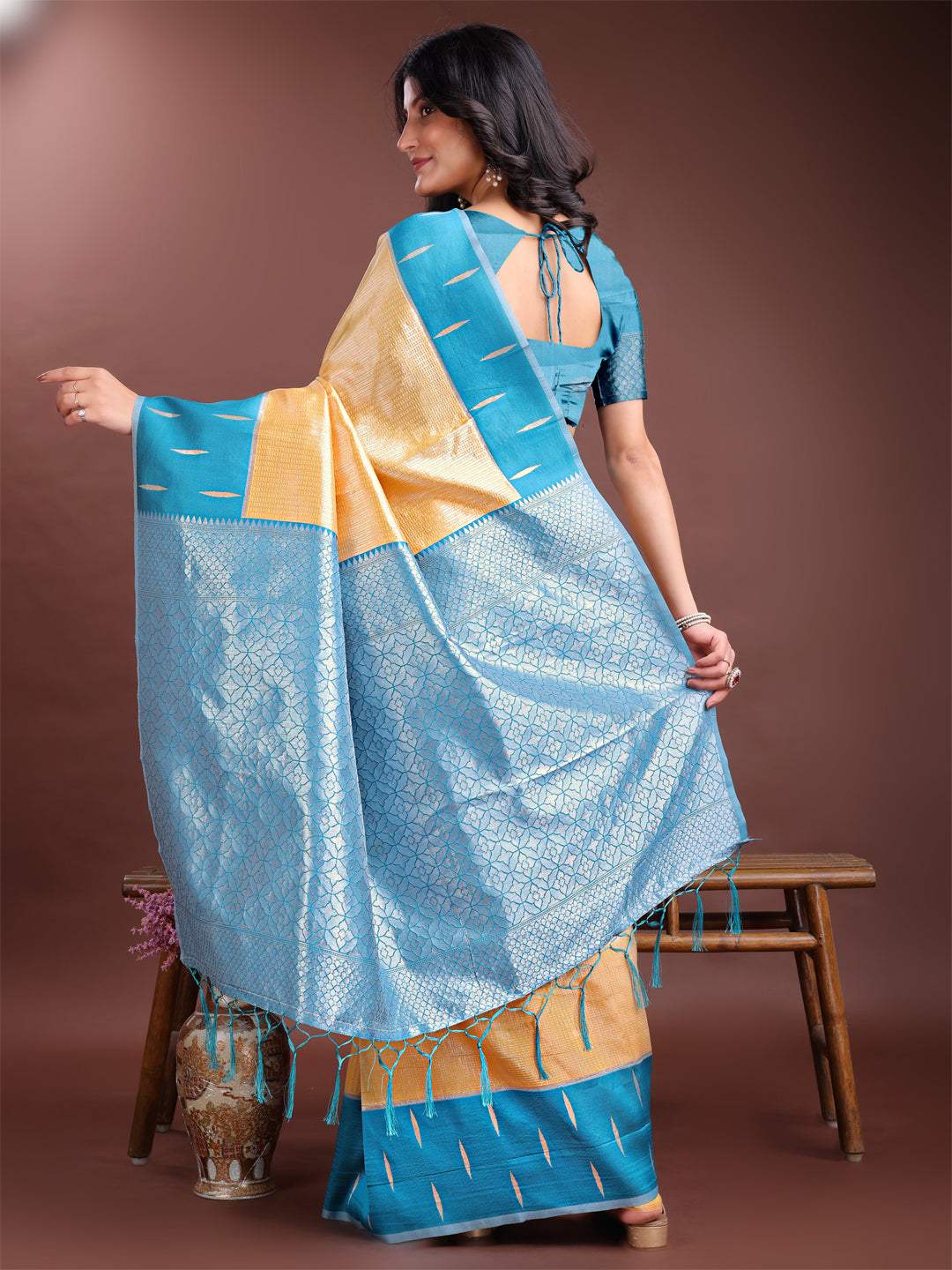 Yellow Colour Lichi Silk Saree Weaving Work With Blouse Piece