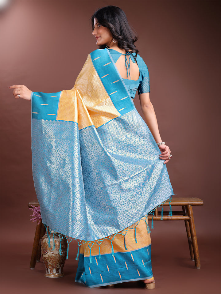 Yellow Colour Lichi Silk Saree Weaving Work With Blouse Piece