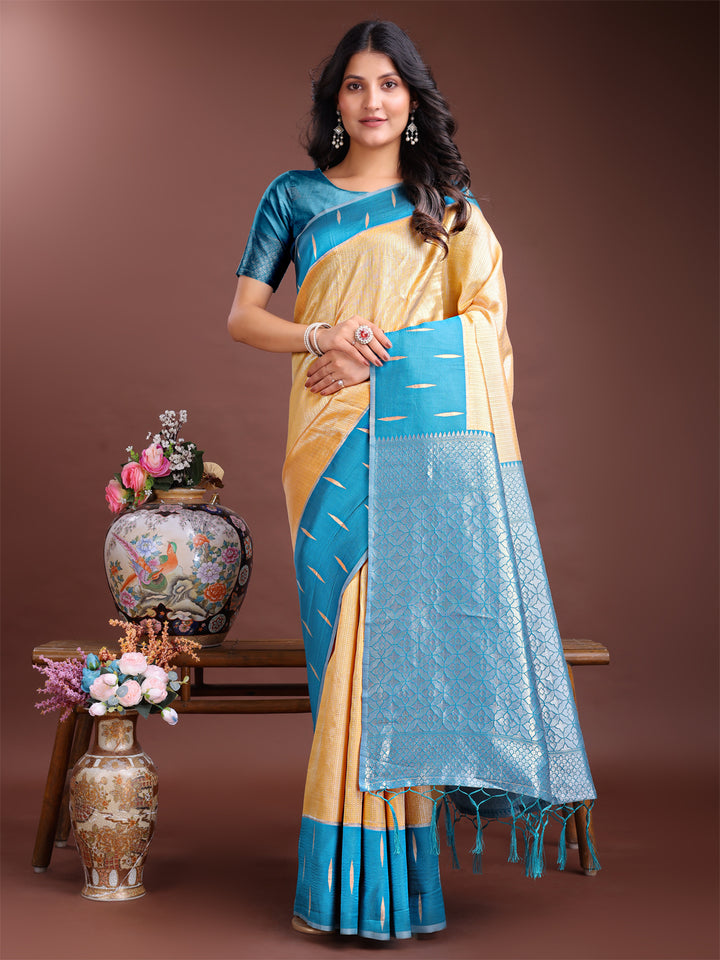 Yellow Colour Lichi Silk Saree Weaving Work With Blouse Piece