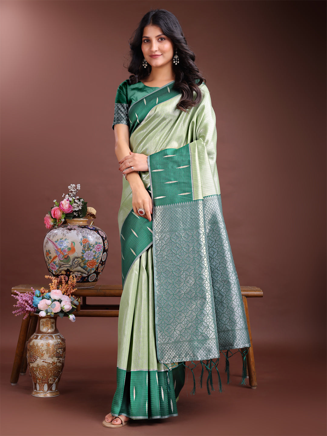 Light Green Colour Lichi Silk Saree Weaving Work With Blouse Piece