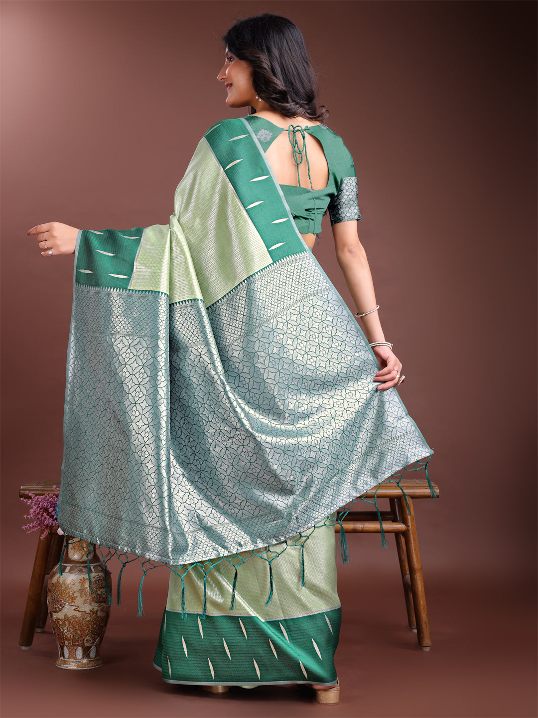 Light Green Colour Lichi Silk Saree Weaving Work With Blouse Piece
