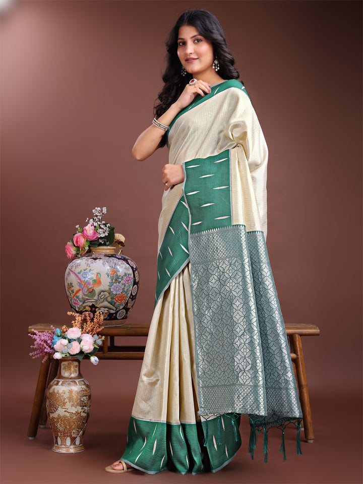 Cream Colour Lichi Silk Saree Weaving Work With Blouse Piece