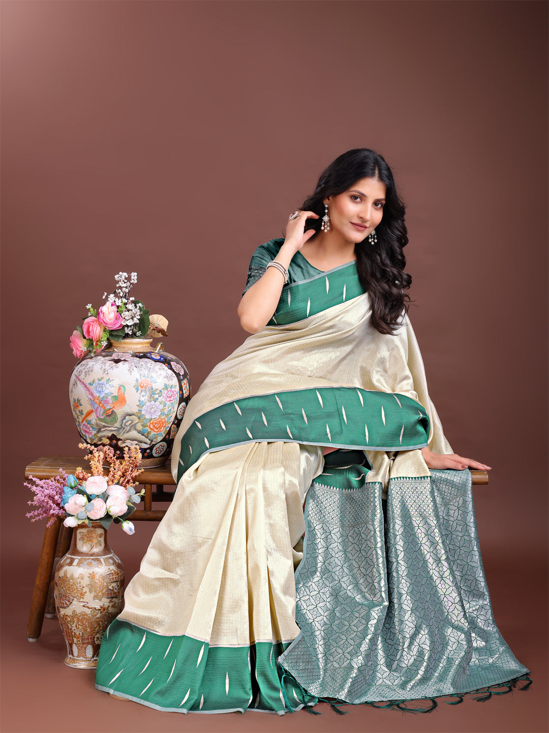 Cream Colour Lichi Silk Saree Weaving Work With Blouse Piece