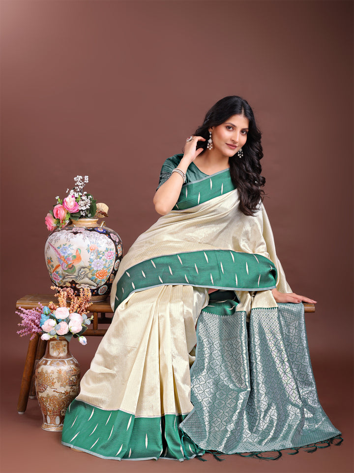 Cream Colour Lichi Silk Saree Weaving Work With Blouse Piece