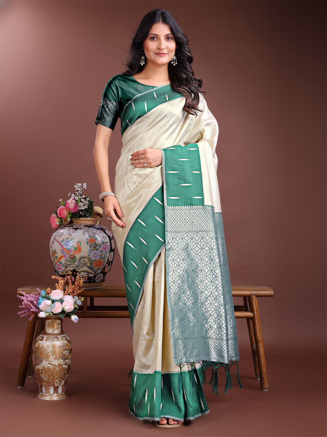 Cream Colour Lichi Silk Saree Weaving Work With Blouse Piece