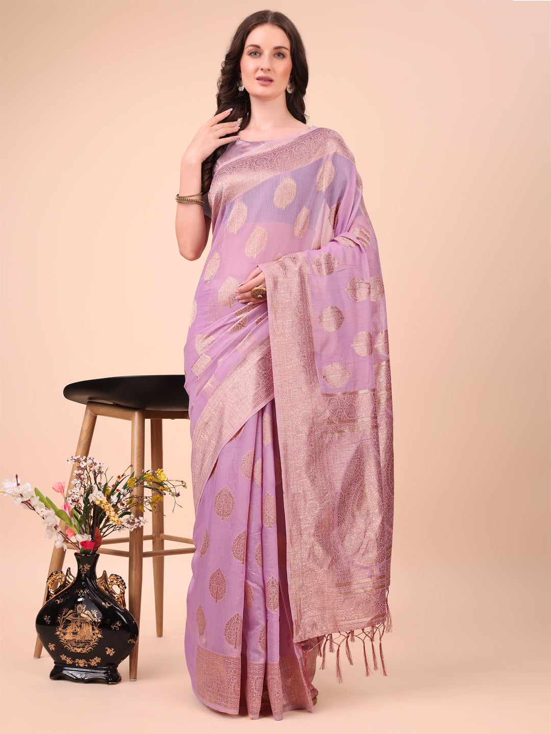 Light Pink Colour Cotton Printed Saree With Blouse Piece
