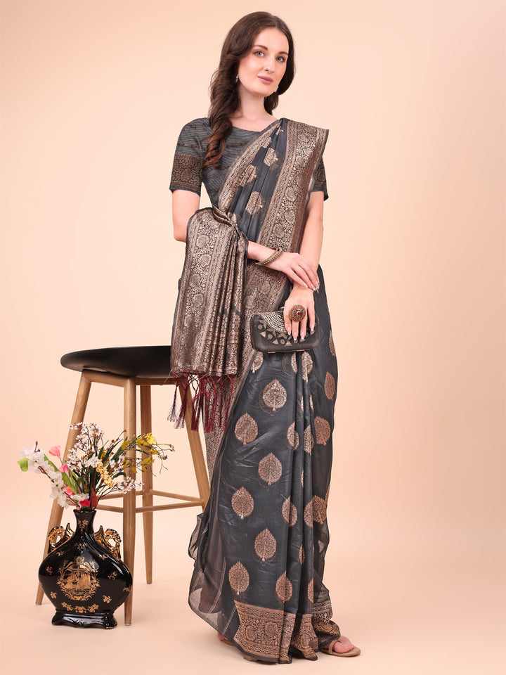 Black Colour Cotton Printed Saree With Blouse Piece