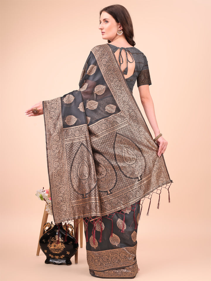 Black Colour Cotton Printed Saree With Blouse Piece