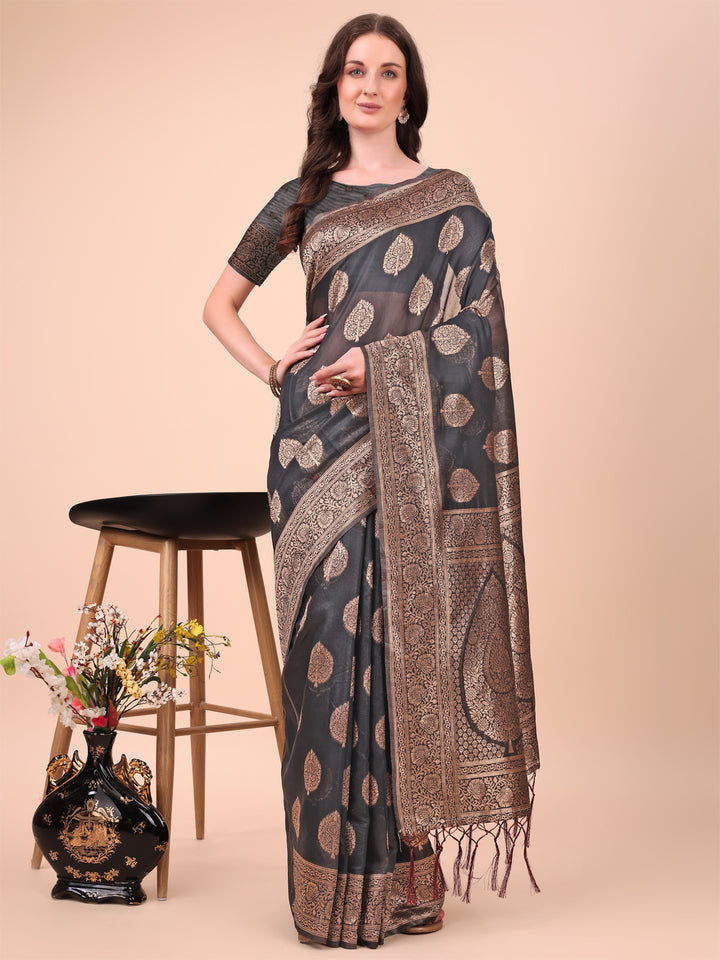Black Colour Cotton Printed Saree With Blouse Piece