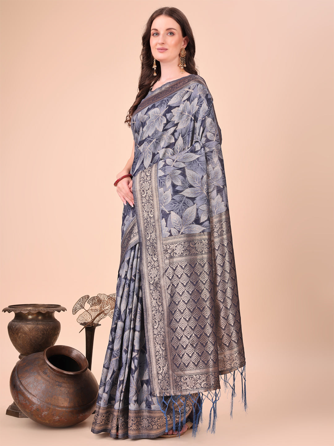 Navy Blue Colour Cotton Printed Saree With Blouse Piece