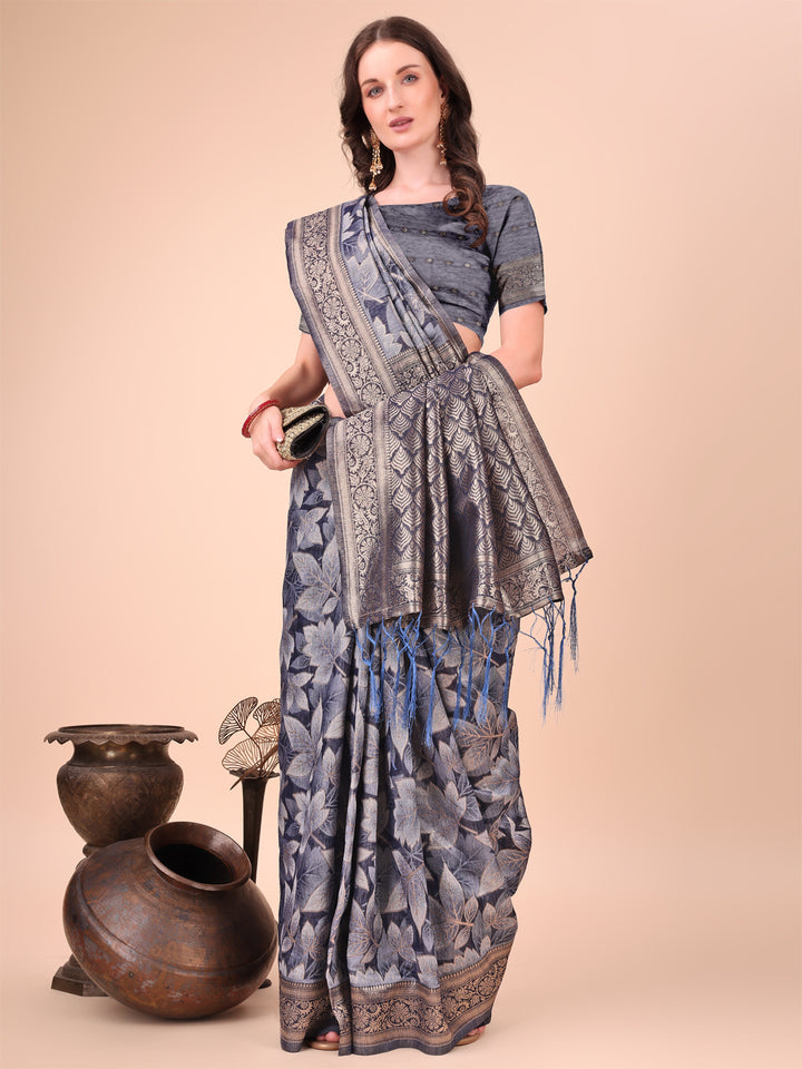 Navy Blue Colour Cotton Printed Saree With Blouse Piece