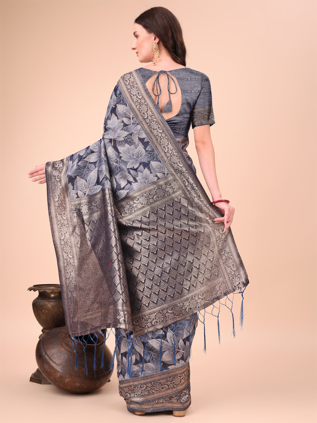 Navy Blue Colour Cotton Printed Saree With Blouse Piece
