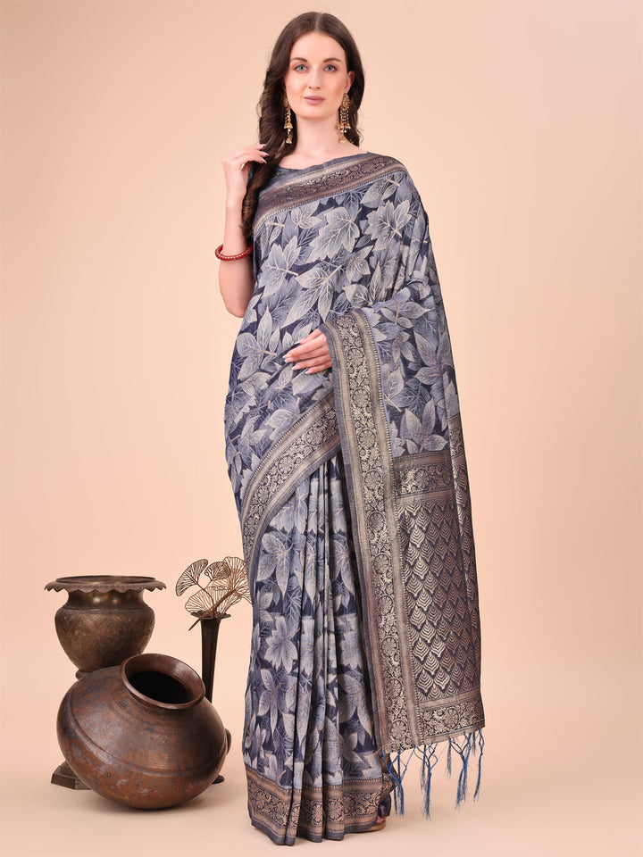 Navy Blue Colour Cotton Printed Saree With Blouse Piece