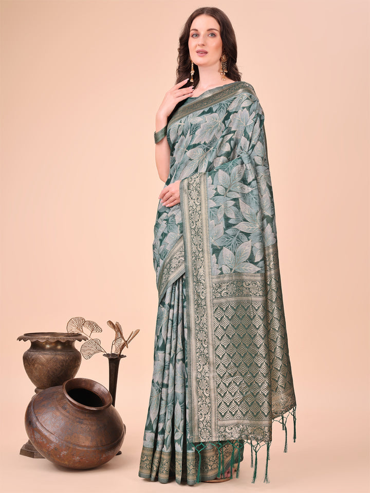 Green Colour Cotton Printed Saree With Blouse Piece