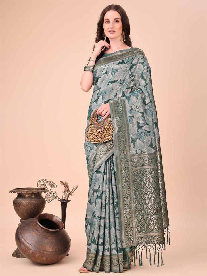 Green Colour Cotton Printed Saree With Blouse Piece