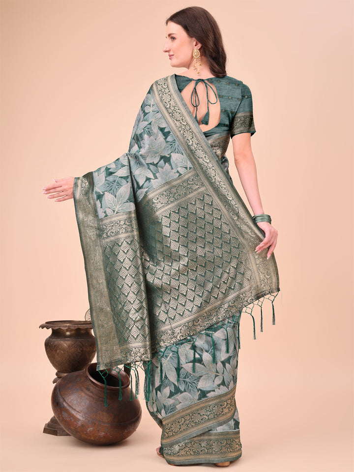 Green Colour Cotton Printed Saree With Blouse Piece