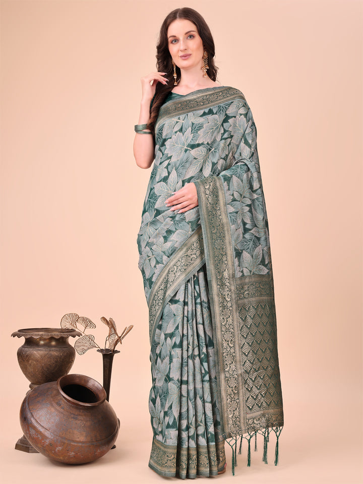 Green Colour Cotton Printed Saree With Blouse Piece