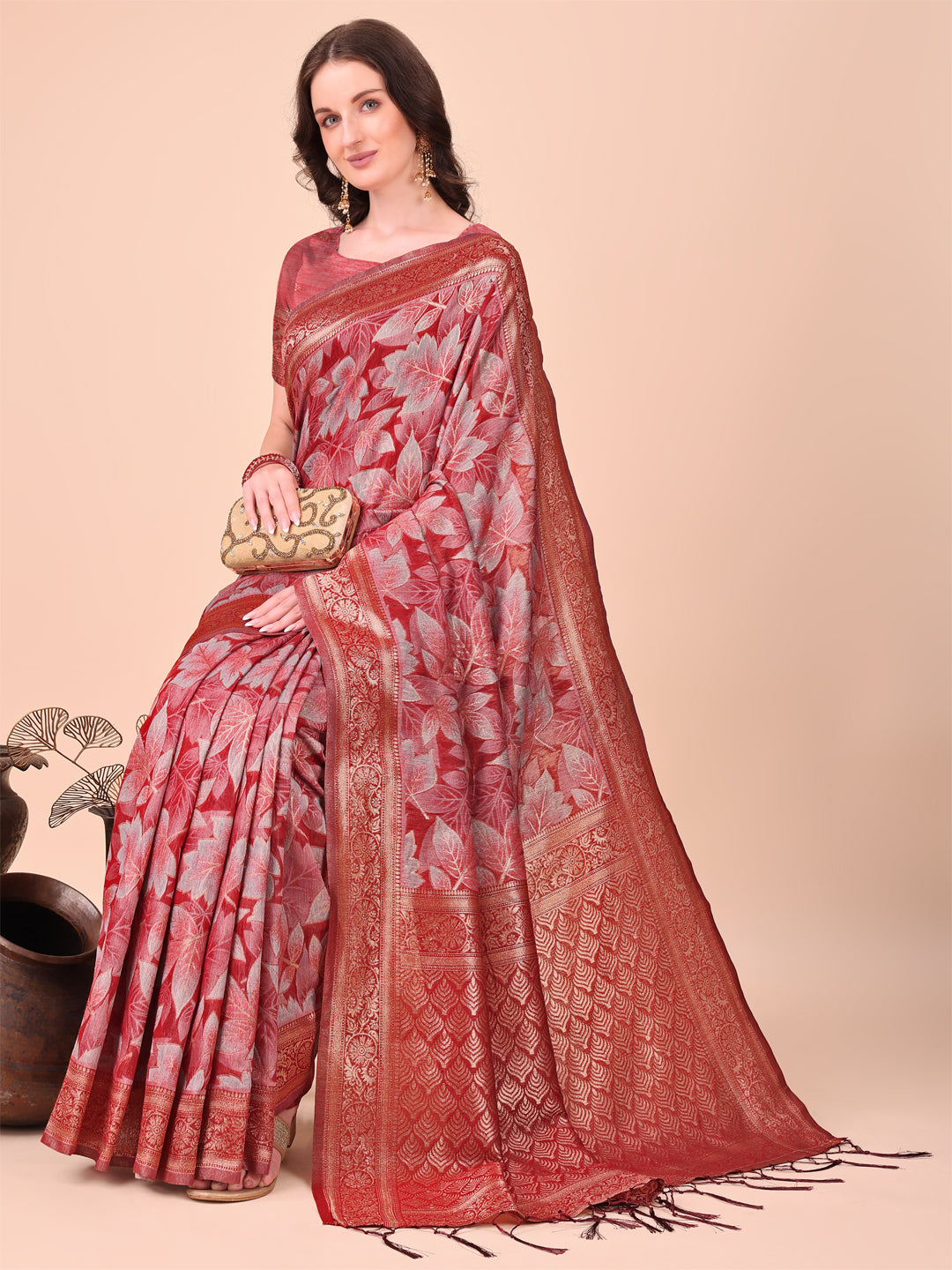 Red Colour Cotton Printed Saree With Blouse Piece