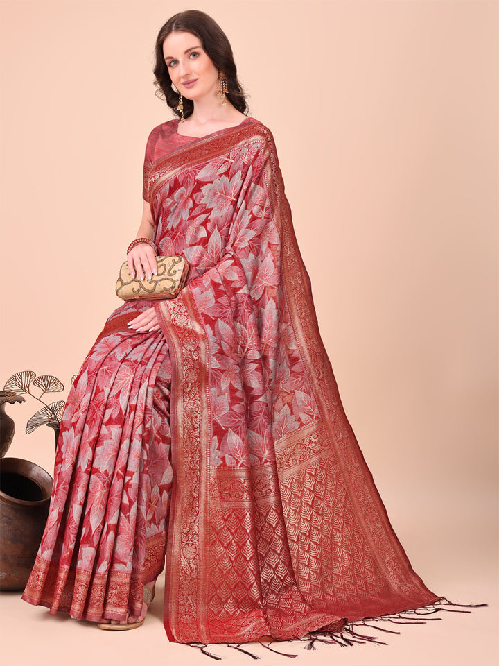Red Colour Cotton Printed Saree With Blouse Piece