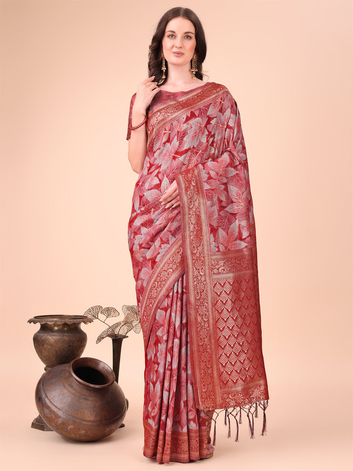 Red Colour Cotton Printed Saree With Blouse Piece
