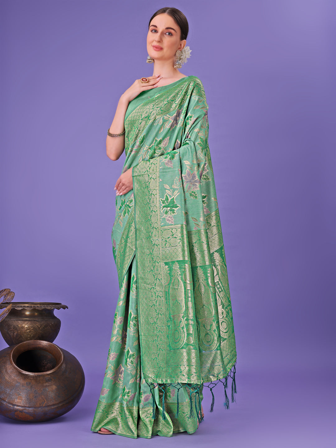 Green Colour Cotton Saree Printed Work With Blouse Piece