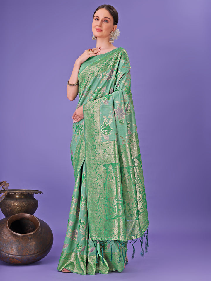 Green Colour Cotton Saree Printed Work With Blouse Piece
