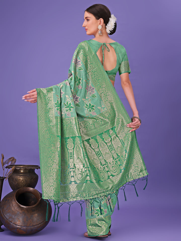 Green Colour Cotton Saree Printed Work With Blouse Piece