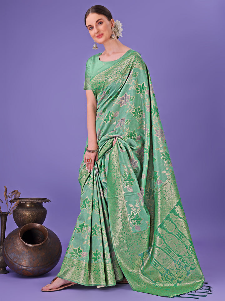 Green Colour Cotton Saree Printed Work With Blouse Piece