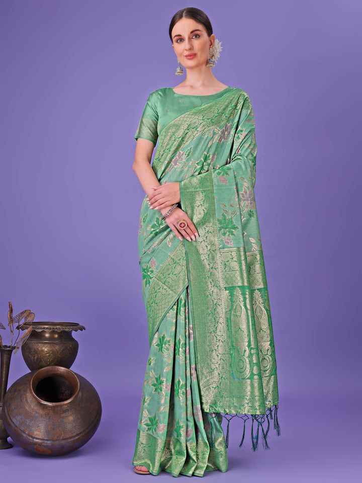 Green Colour Cotton Saree Printed Work With Blouse Piece