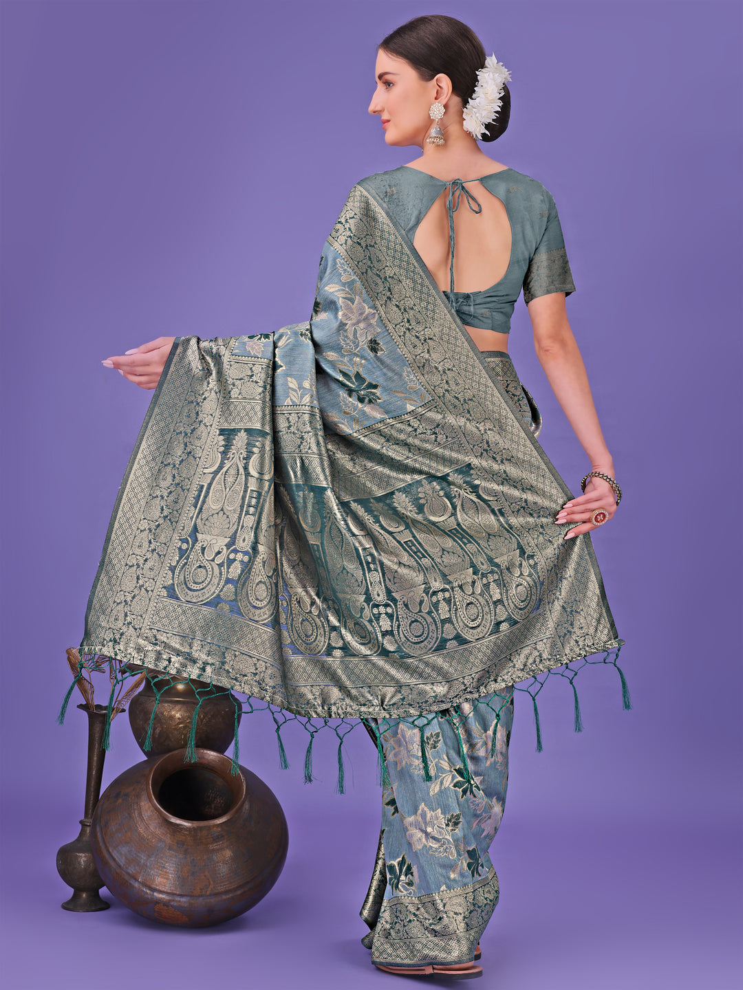 Teal Colour Cotton Saree Printed Work With Blouse Piece