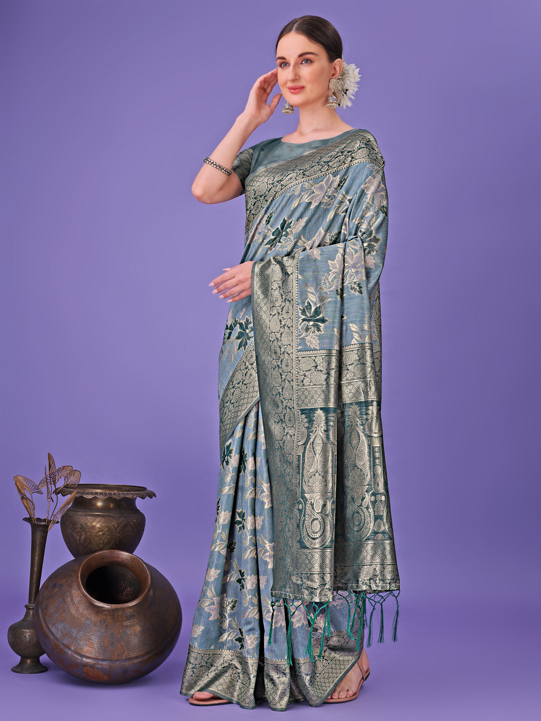 Teal Colour Cotton Saree Printed Work With Blouse Piece