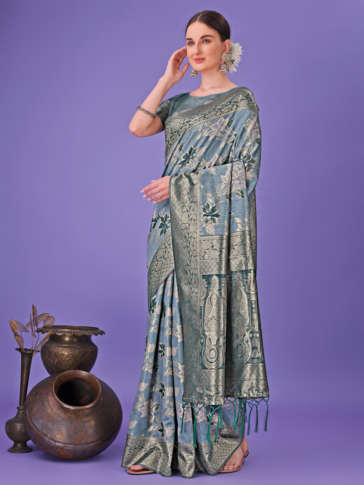 Teal Colour Cotton Saree Printed Work With Blouse Piece