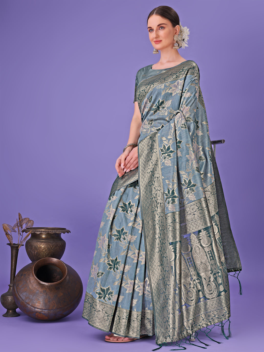 Teal Colour Cotton Saree Printed Work With Blouse Piece