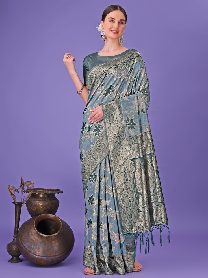 Teal Colour Cotton Saree Printed Work With Blouse Piece