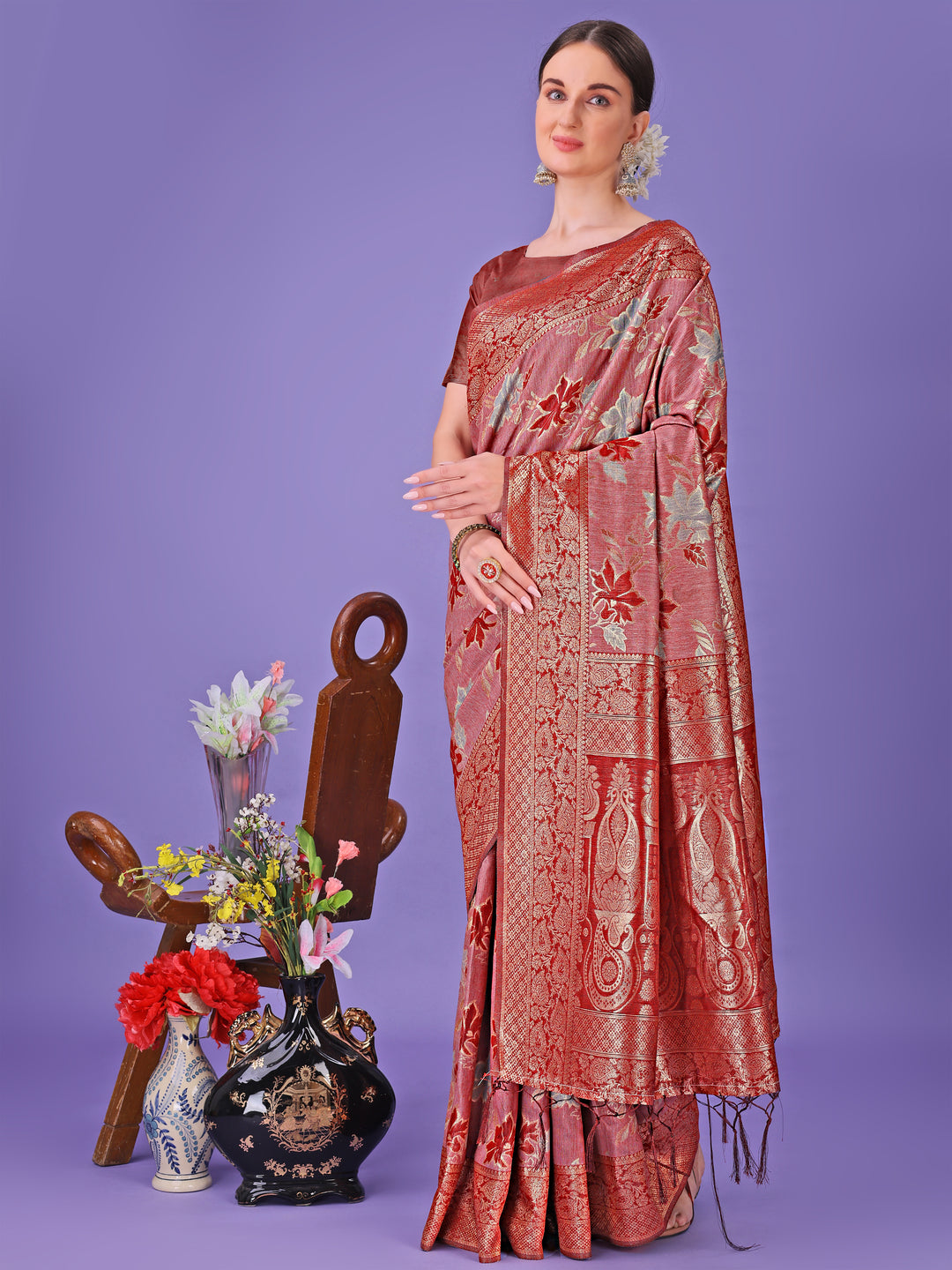 Red Colour Cotton Saree with Printed Work With Blouse Piece