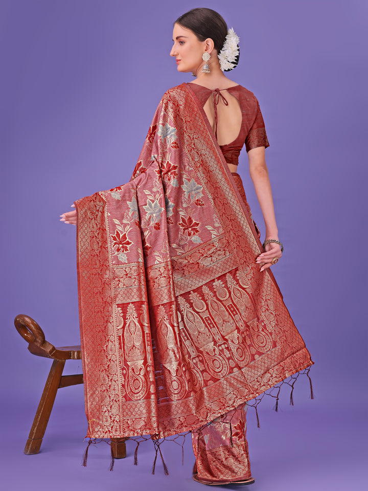 Red Colour Cotton Saree with Printed Work With Blouse Piece