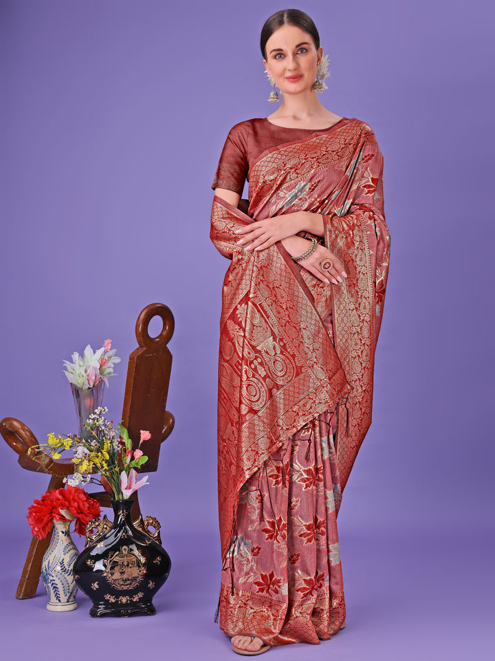 Red Colour Cotton Saree with Printed Work With Blouse Piece