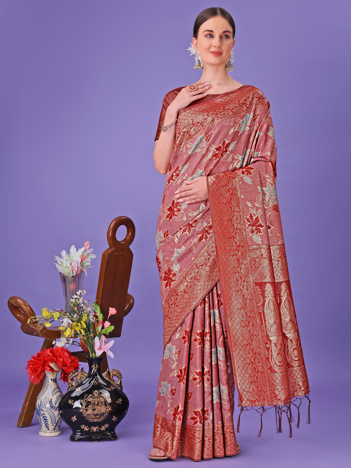 Red Colour Cotton Saree with Printed Work With Blouse Piece