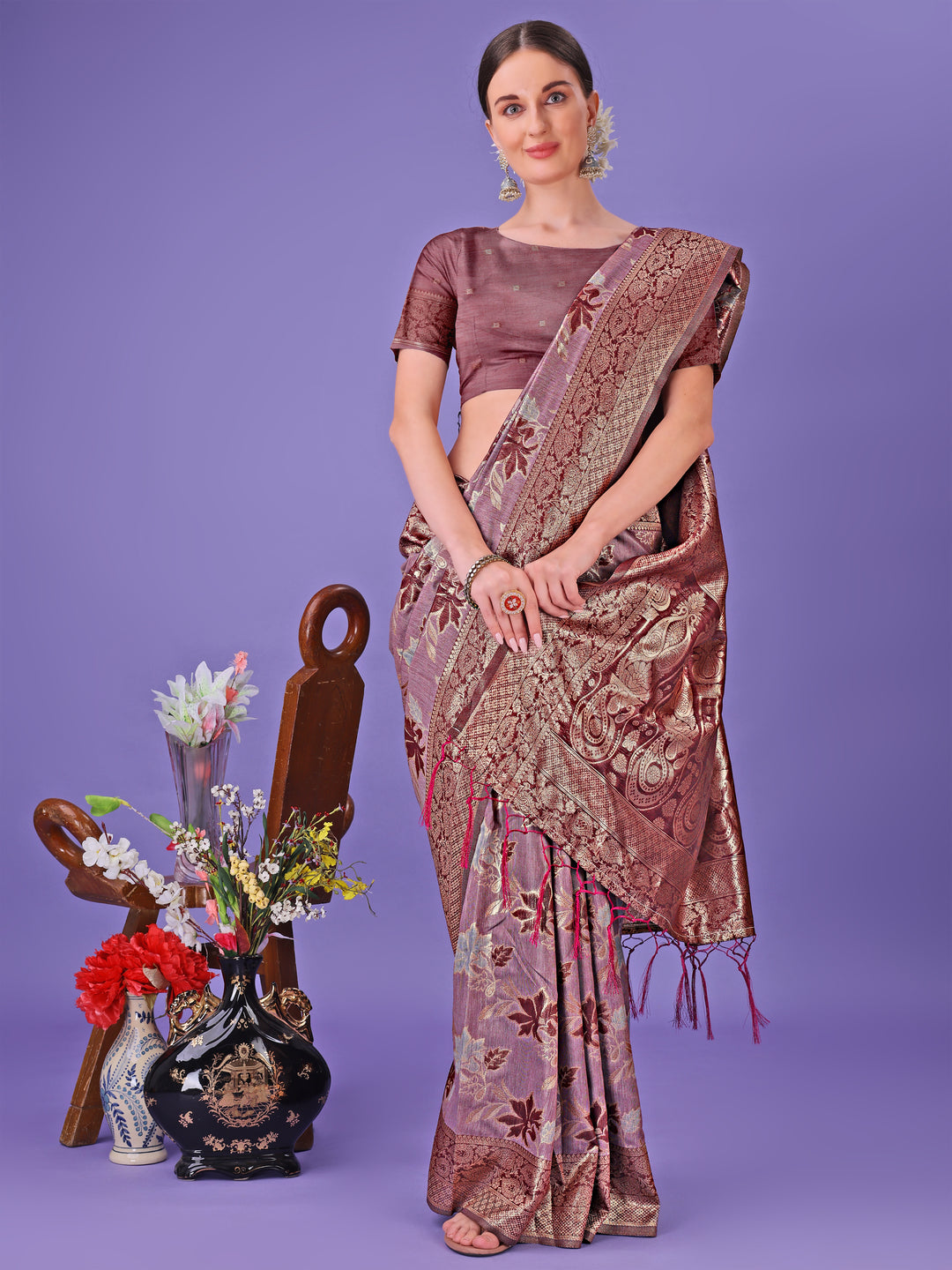 Maroon Colour Cotton Saree Printed Work With Blouse Piece