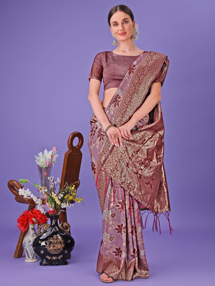 Maroon Colour Cotton Saree Printed Work With Blouse Piece