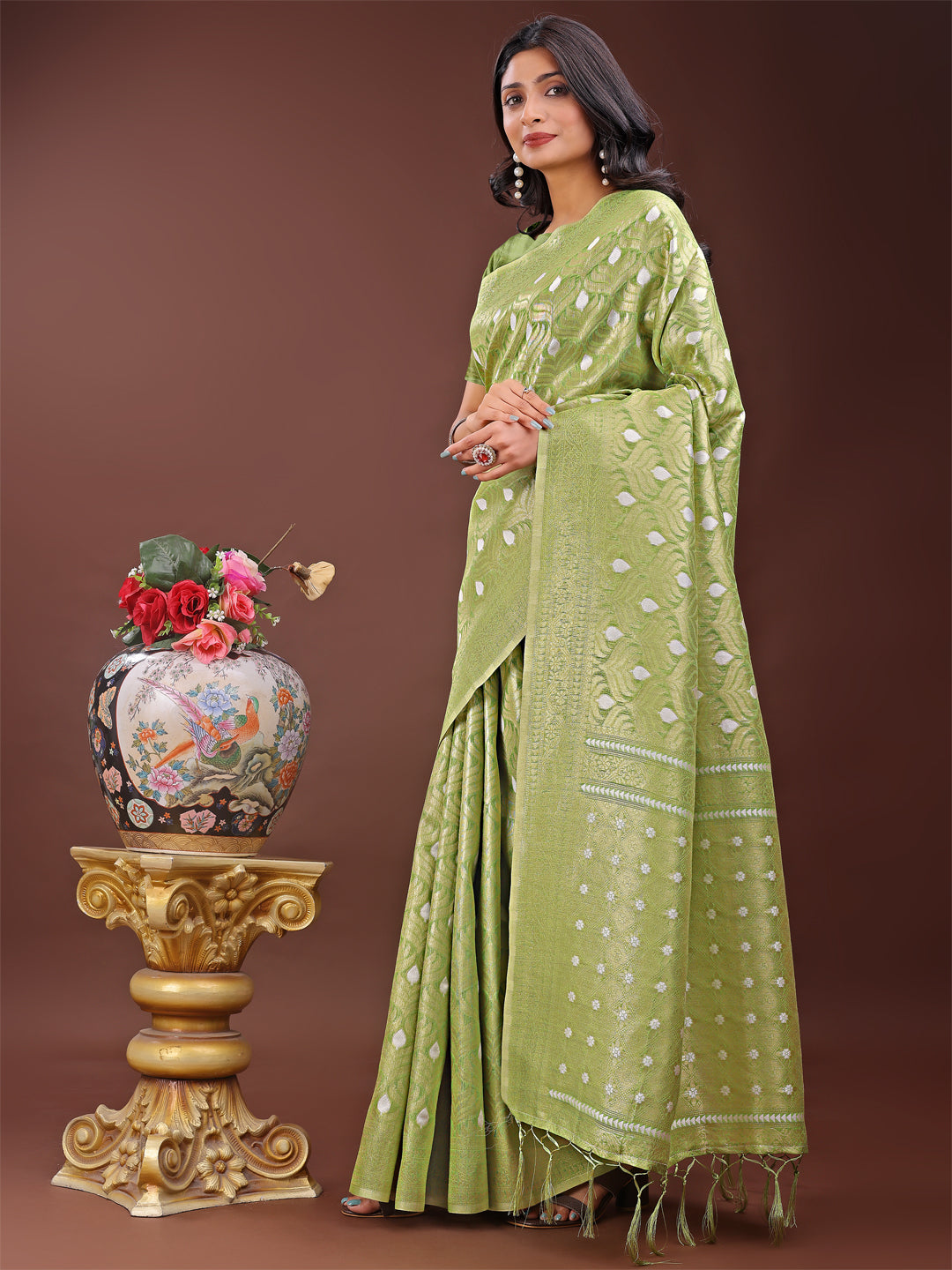 Green Colour Cotton Saree With Printed Work With Blouse Piece