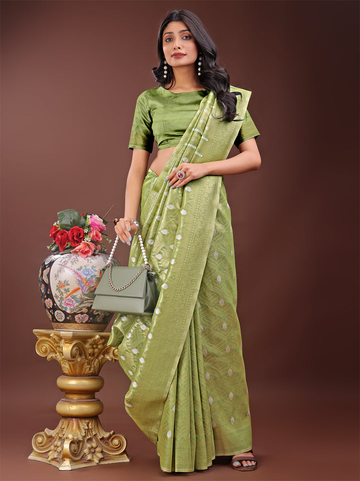 Green Colour Cotton Saree With Printed Work With Blouse Piece