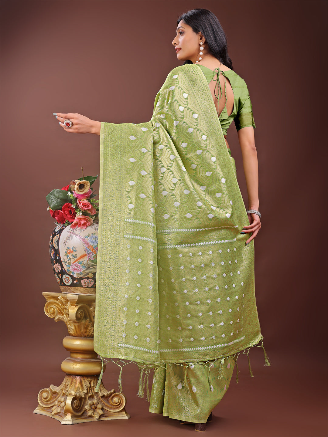 Green Colour Cotton Saree With Printed Work With Blouse Piece