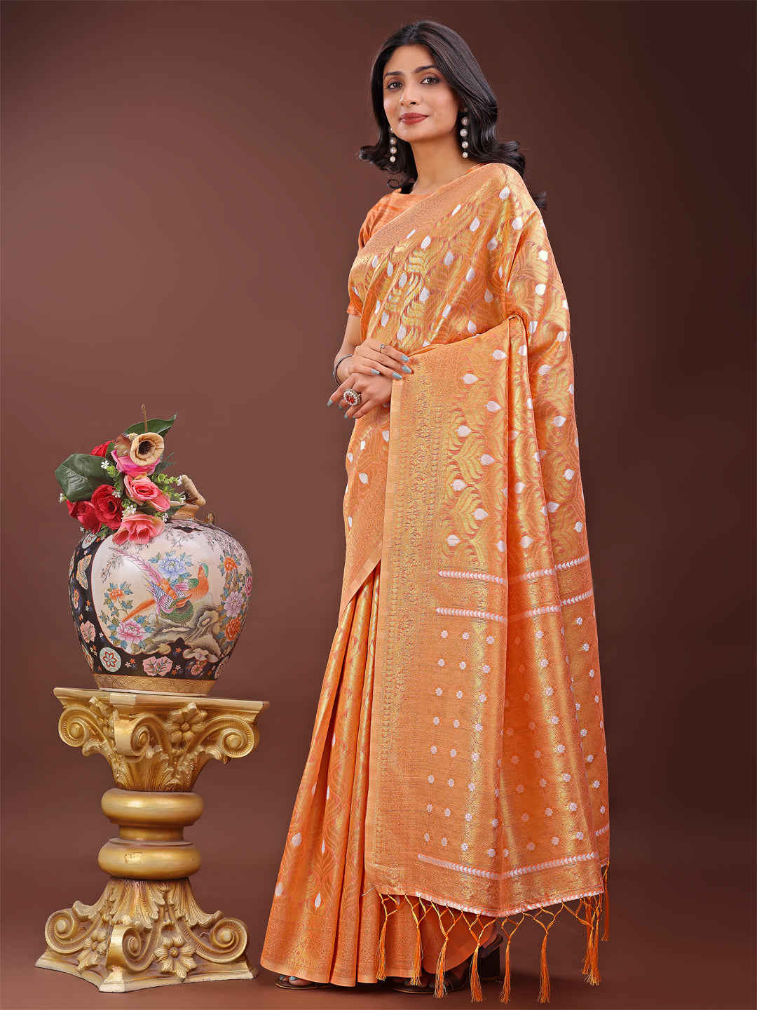 Peach Colour Cotton Saree With Printed Work With Blouse Piece