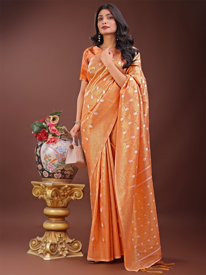 Peach Colour Cotton Saree With Printed Work With Blouse Piece