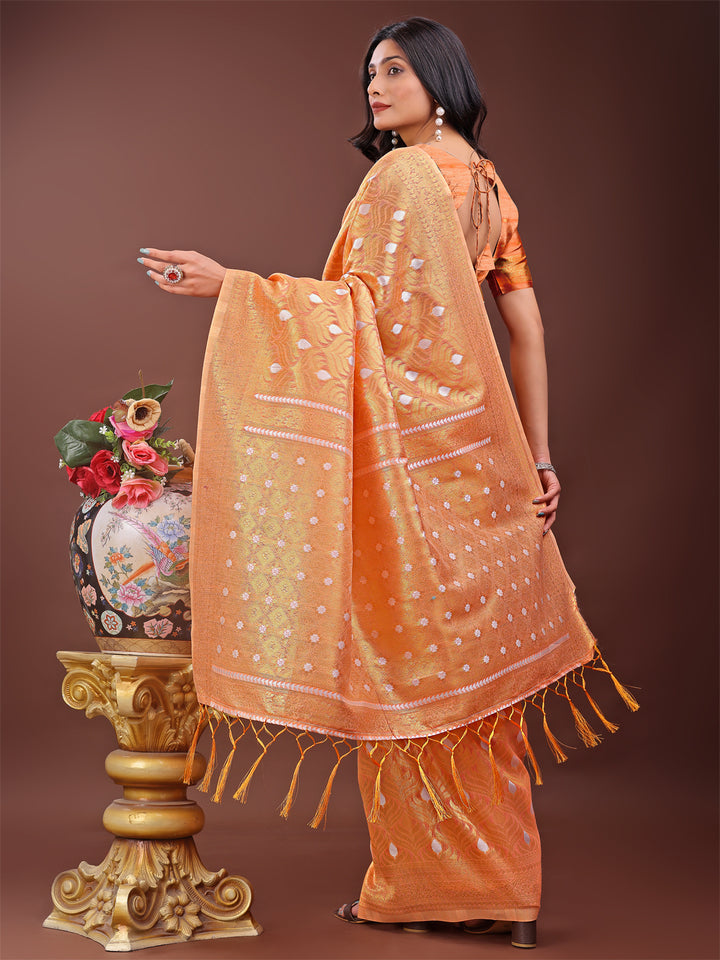 Peach Colour Cotton Saree With Printed Work With Blouse Piece