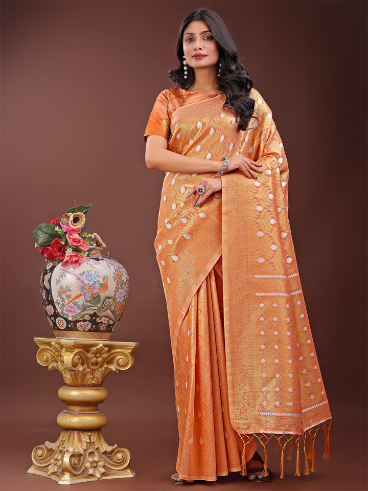 Peach Colour Cotton Saree With Printed Work With Blouse Piece