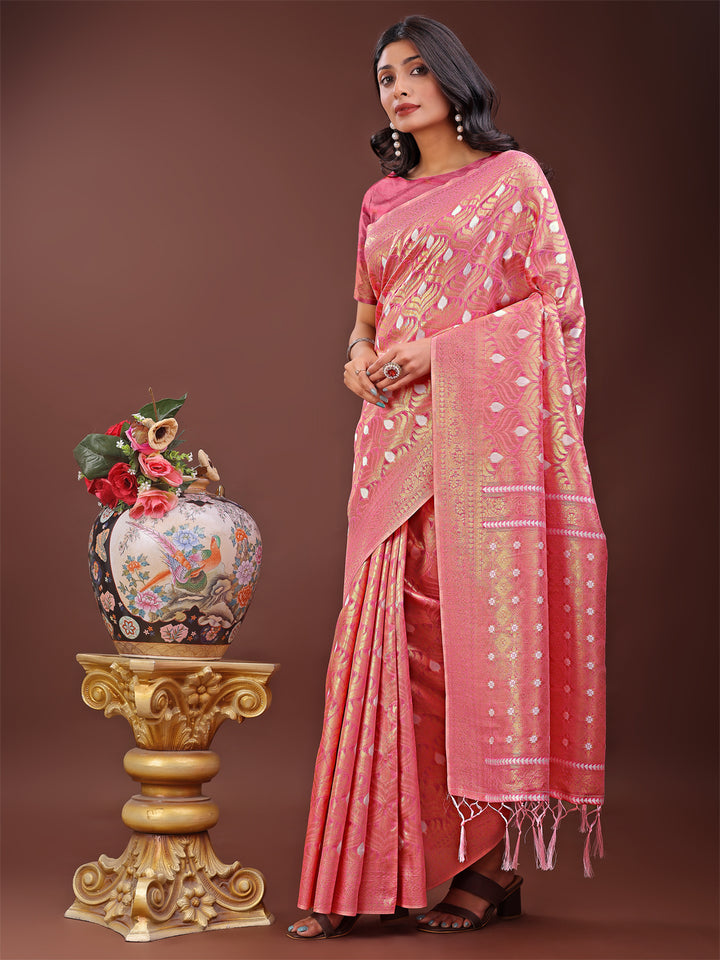 Pink Colour Cotton Saree With Printed Work With Blouse Piece
