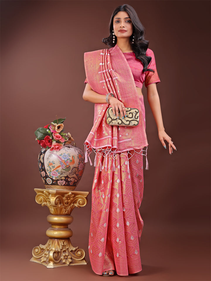 Pink Colour Cotton Saree With Printed Work With Blouse Piece