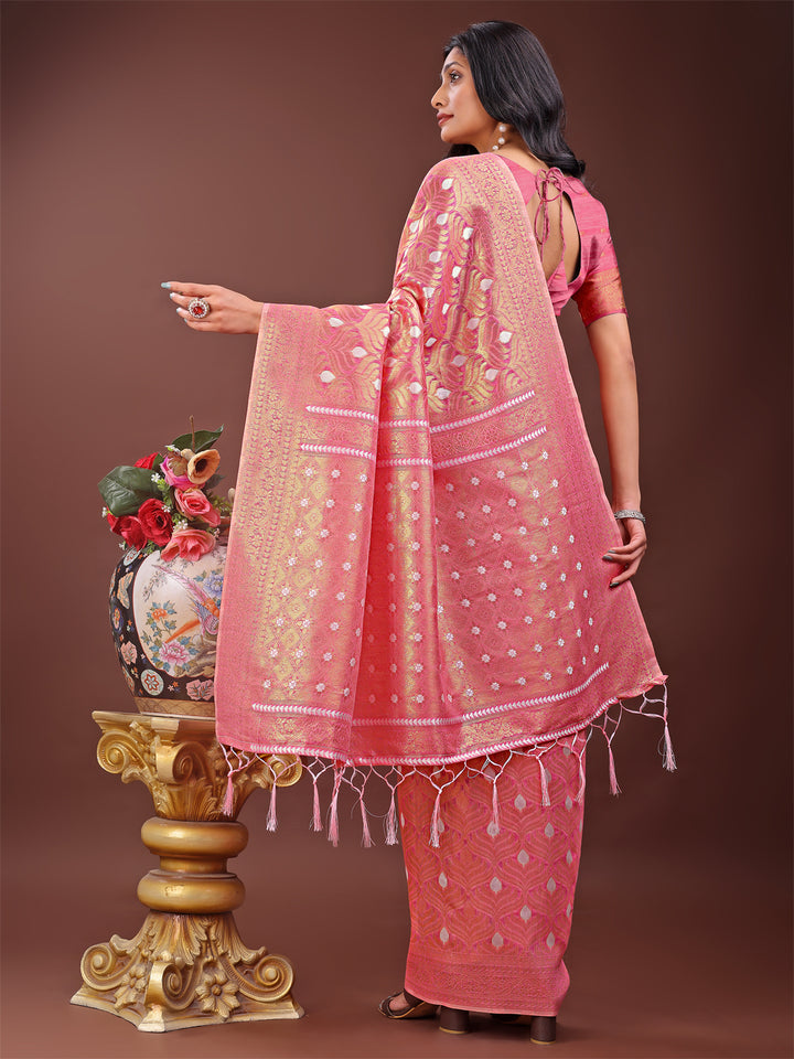 Pink Colour Cotton Saree With Printed Work With Blouse Piece